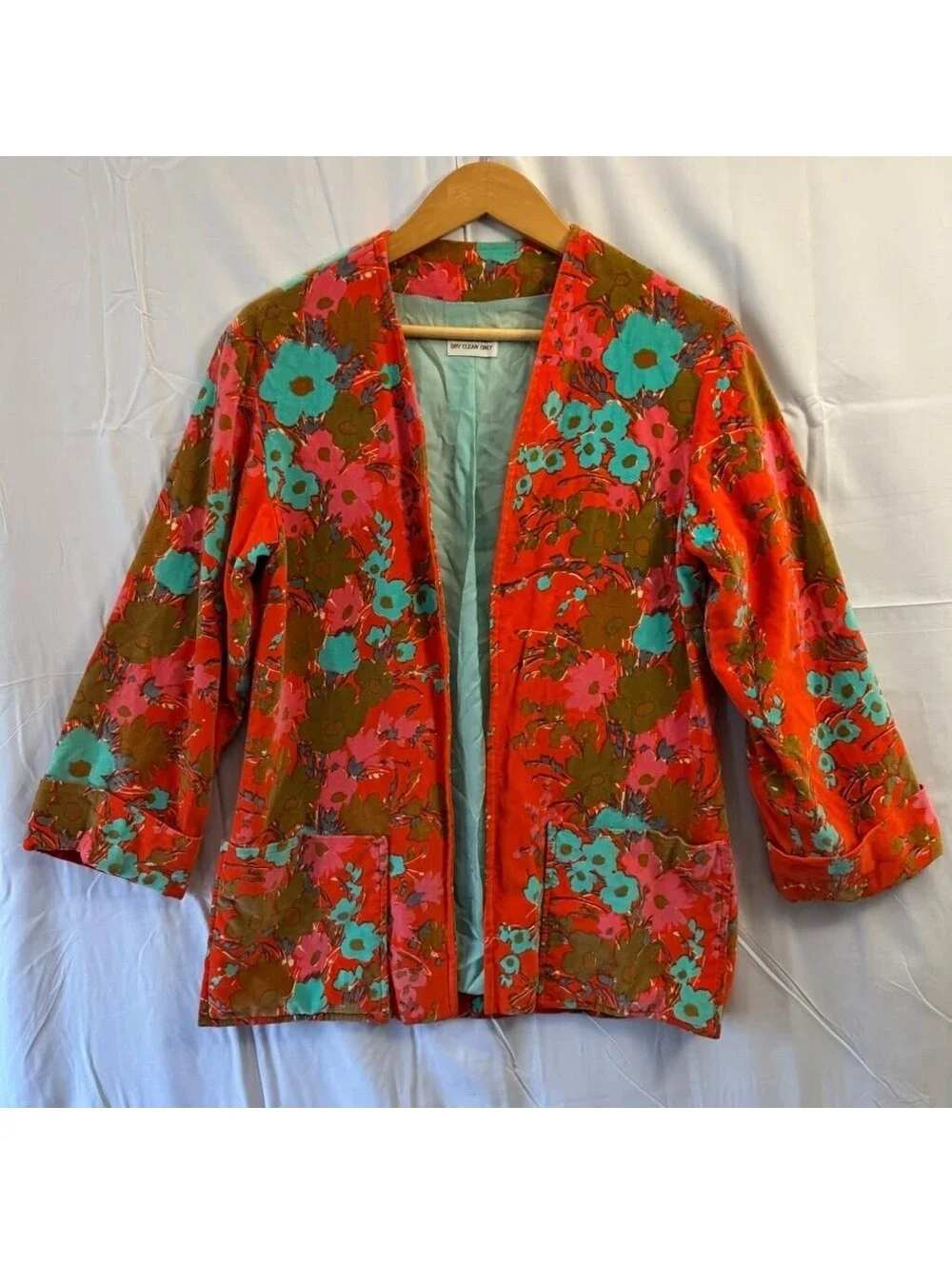 Vintage Floral Velvet Blazer M Red Orange Teal Open Front Pockets